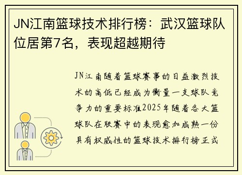 JN江南篮球技术排行榜：武汉篮球队位居第7名，表现超越期待